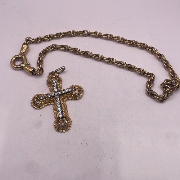 Vintage XL sping ring necklace 14 “ added Large Cross crystal encrusted Cross - Picture 9 of 9